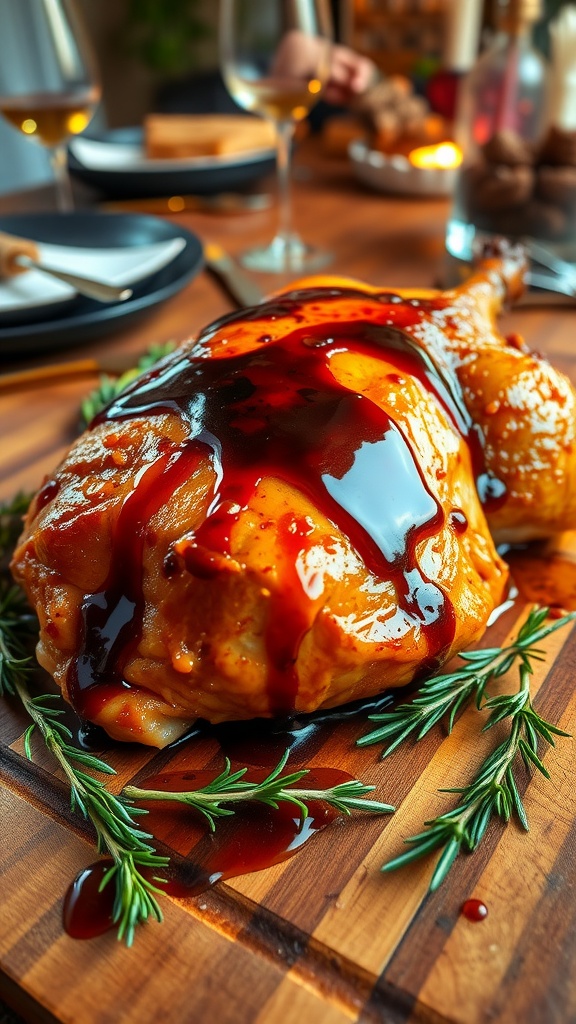 Roasted turkey breast with honey-balsamic glaze on a wooden board, garnished with rosemary, in a cozy dining setting.